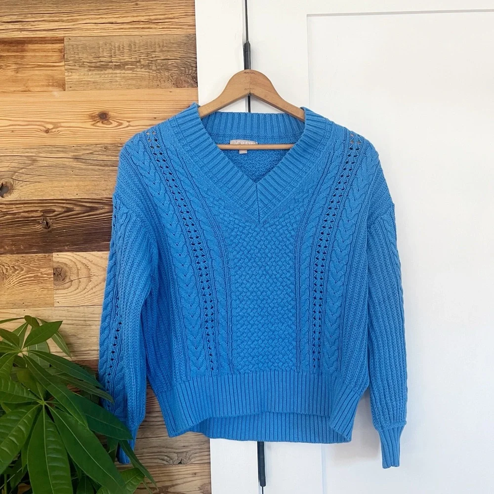 J.Crew Blue Chunky Cable-Knit V Sweater